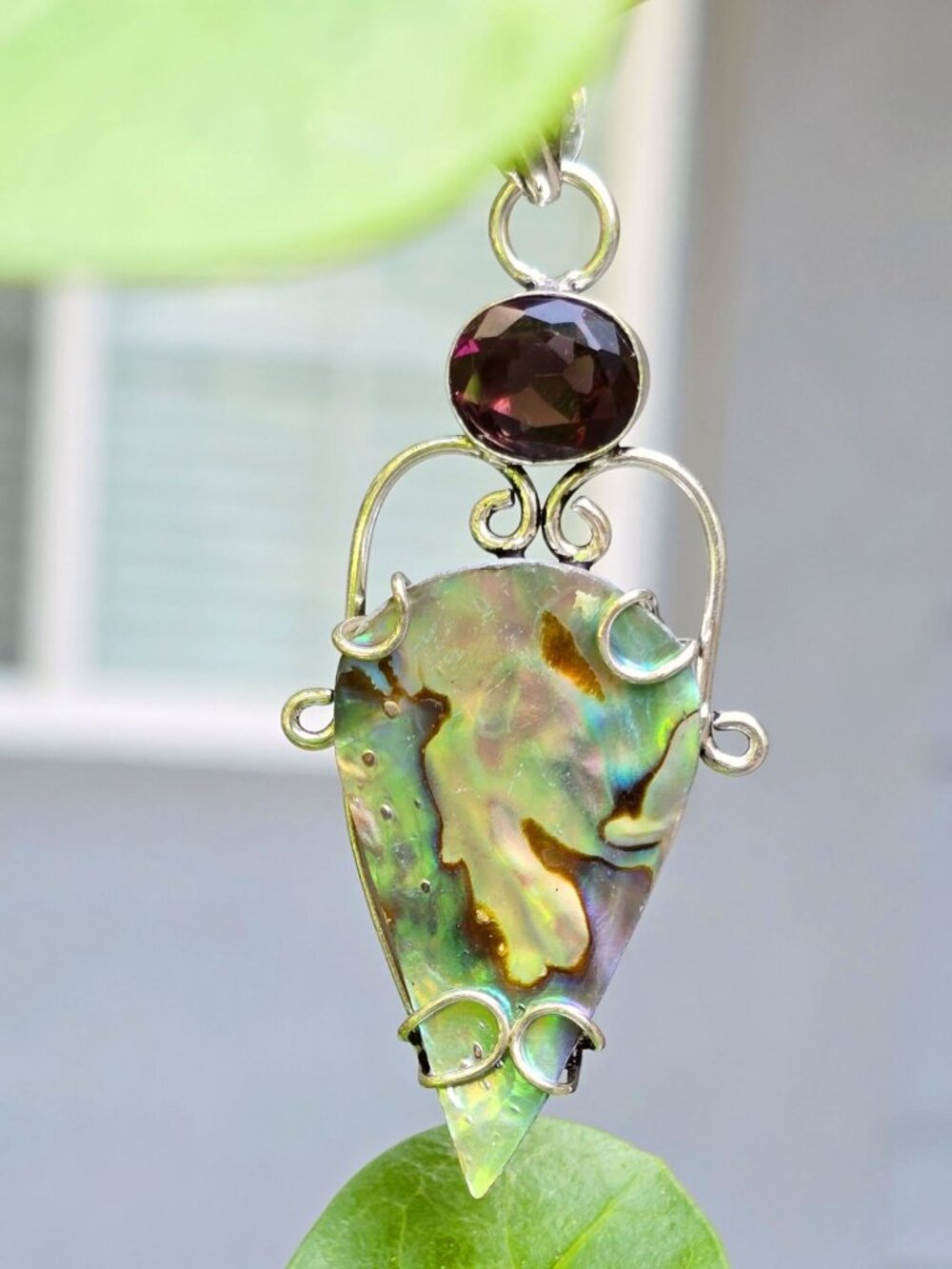 Hand Crafted ✦ Abalone Garnet Sterling Silver Pendant ✦ Boho Natural Shell Gem - Picture 9 of 10